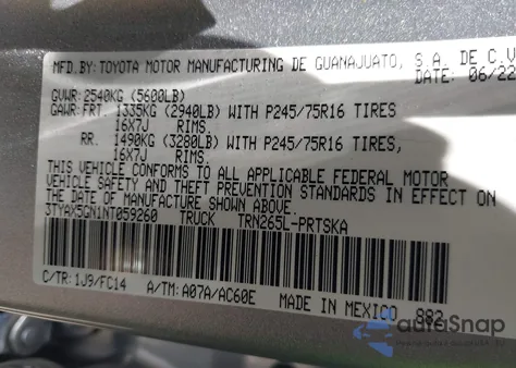 2022 Toyota Tacoma Sr5 from USA, damaged, VIN 3TYAX5GN1NT059260